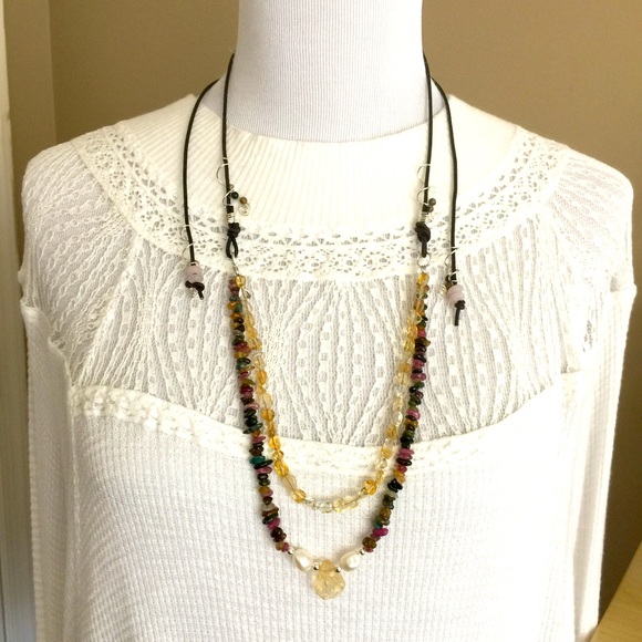 Citrine Tourmaline Pearl Silver Necklace - Picture 7 of 8